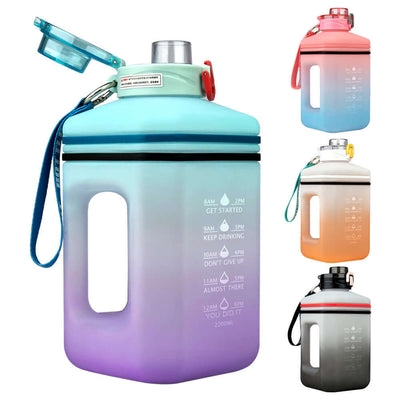 Gradient colored water bottles with measurement markings on a white background